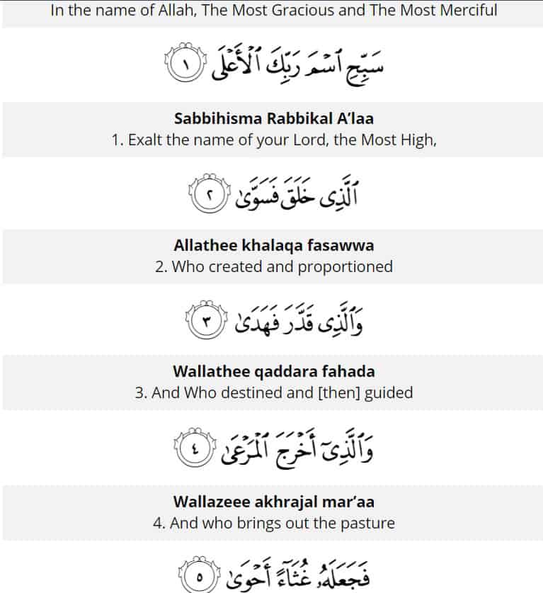 Surah Al Ala Translation and Transliteration ٱلأعلى